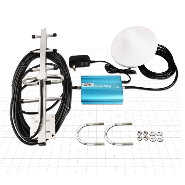 Complete phone signal repeater kit with Yagi antenna, blue amplifier, dome antenna, and mounting parts