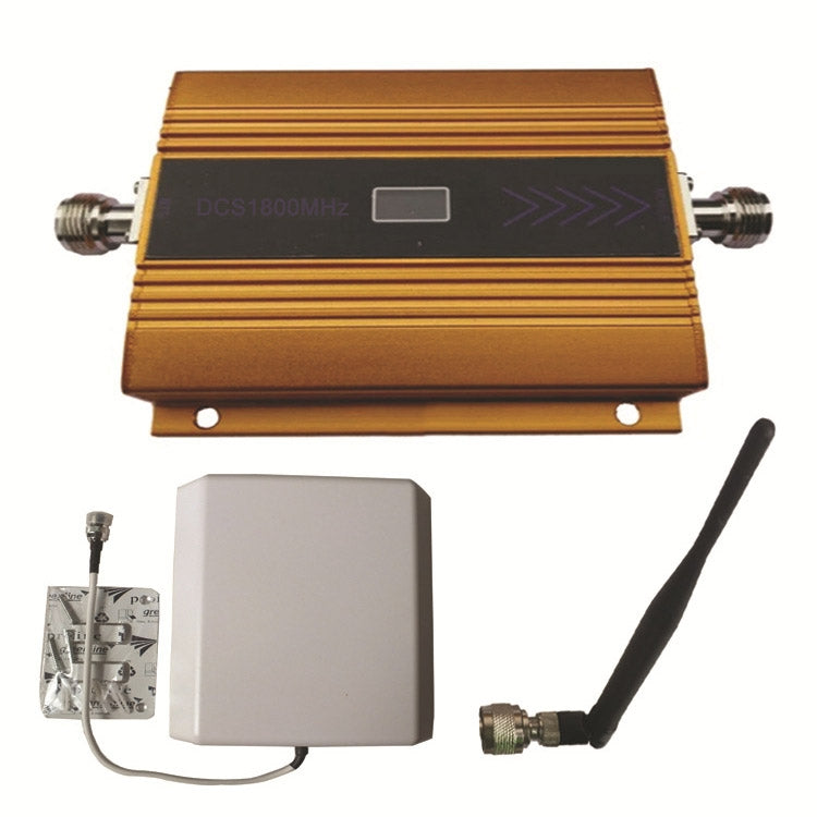 Gold LTE signal repeater booster with coax connectors and mounting holes.