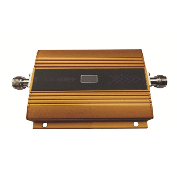 Gold LTE signal repeater booster with front window and side coax ports.