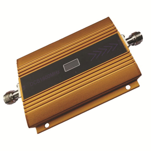 Gold LTE signal repeater booster angled view with coax connectors on both ends.