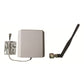 Signal repeater kit with white indoor unit, outdoor antenna, and coax cable.
