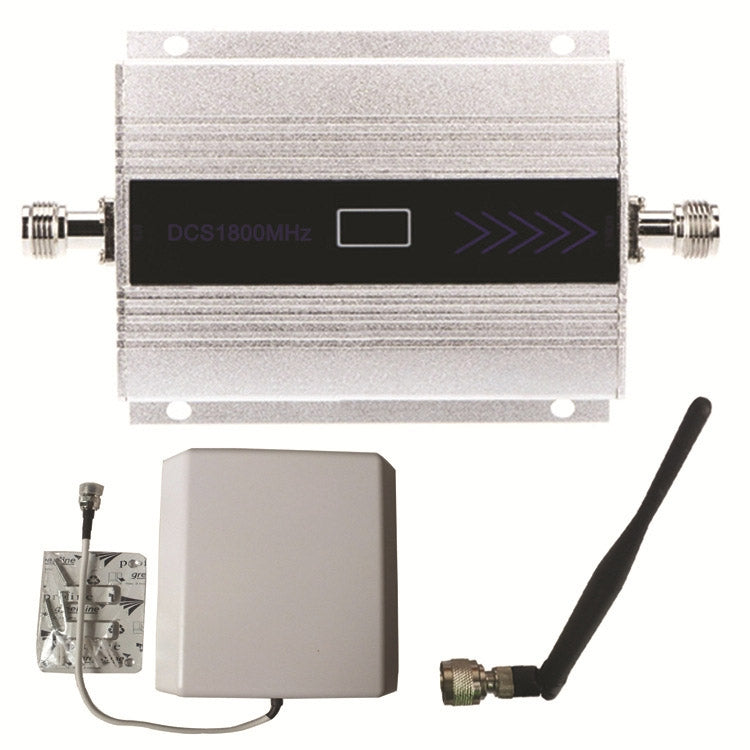 Silver LTE signal repeater booster with coax ports and indicator window.