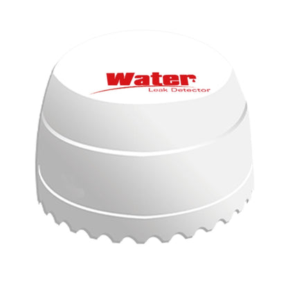 White wireless flood detector dome with ridged base and Water Leak Detector logo