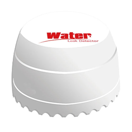 White wireless flood detector dome with ridged base, Water Leak Detector logo