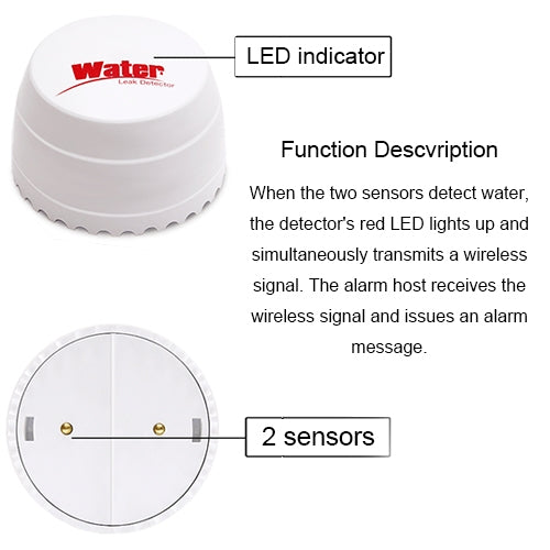 White flood detector with LED indicator and two sensor probes, round top unit