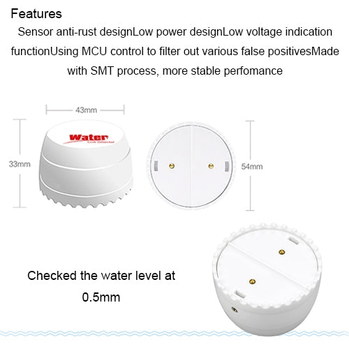 White flood detector showing two internal sensor contact points and compact dome body