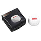 White wireless flood detector with packaging box, round ridged base unit