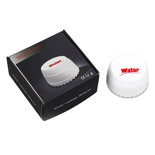 White wireless flood detector with packaging box, round ridged base unit