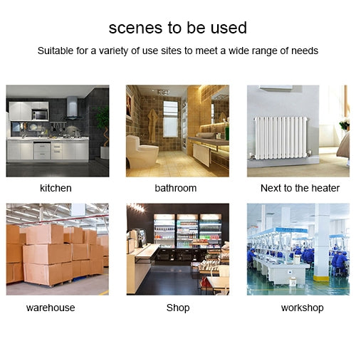 Use-case photo grid for flood detector: kitchen, bathroom, heater, warehouse, shop, workshop