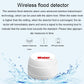 Wireless flood detector with water-level detection, smart alarm, and app reminder icons