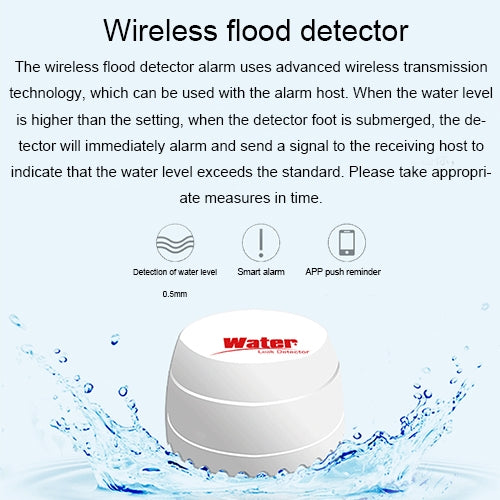 Wireless flood detector with water-level detection, smart alarm, and app reminder icons