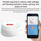 Flood detector next to smartphone app alert warning, water leak monitoring