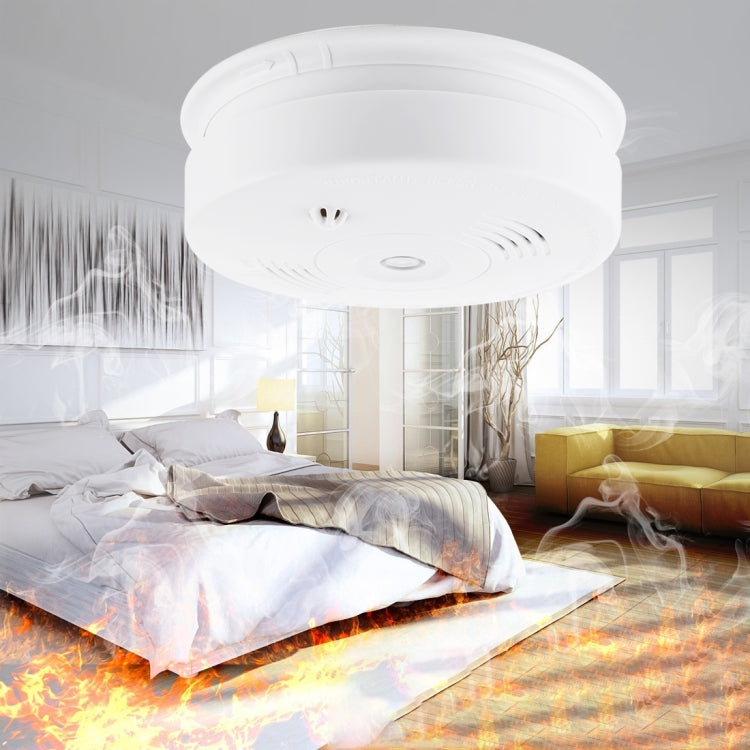 White ceiling smoke and heat detector with indicator window and vent openings