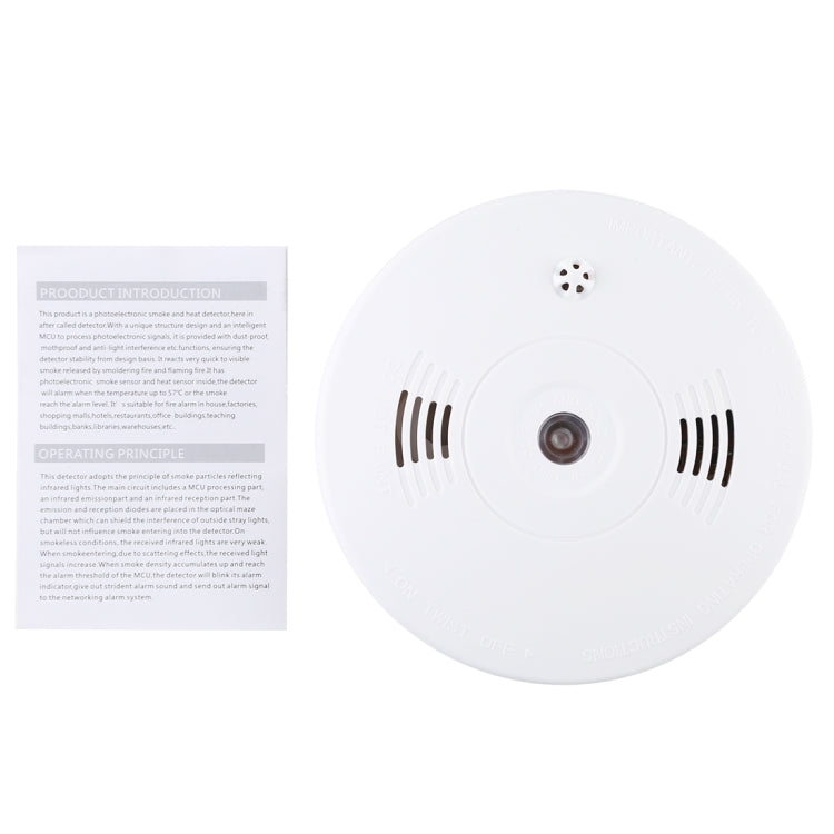 White ceiling smoke and heat detector with central sensor lens and vent grilles