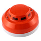 Photoelectric smoke detector base with red outer cover and vent openings.