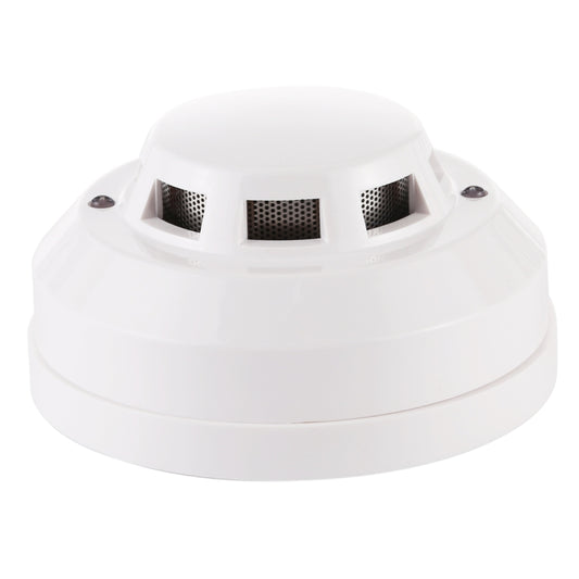 Photoelectric smoke detector with vented intake openings, white ceiling-mount unit.
