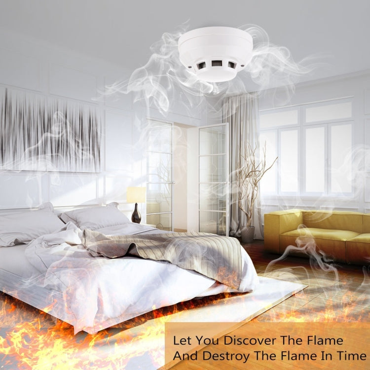 Photoelectric smoke detector with red LED indicator, white ceiling-mounted unit.