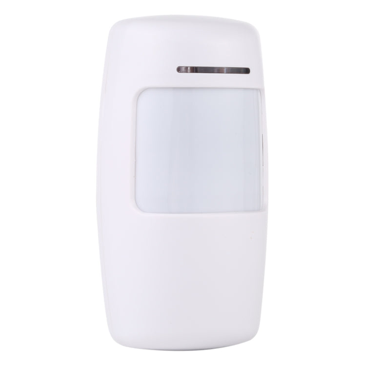 White wireless PIR motion detector with front sensor window, angled front view