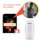 White wireless PIR motion detector beside smartphone motion alert graphic