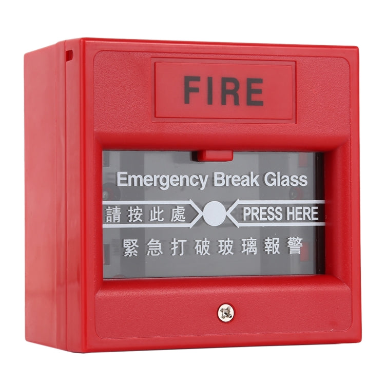 Red fire alarm break-glass release station with FIRE label and PRESS HERE text