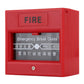 Red fire alarm break-glass release station, angled view with FIRE label and PRESS HERE