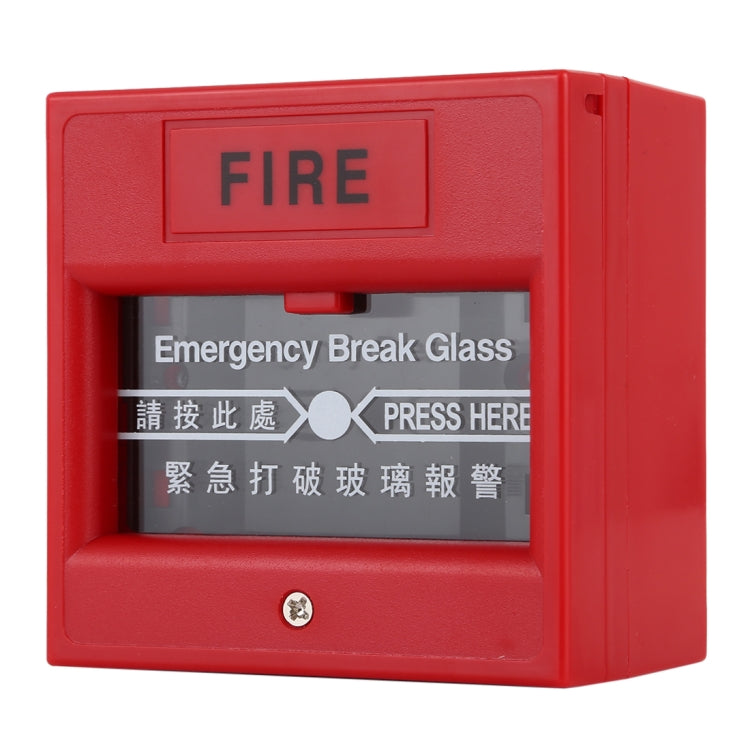 Red fire alarm break-glass release station, angled view with FIRE label and PRESS HERE