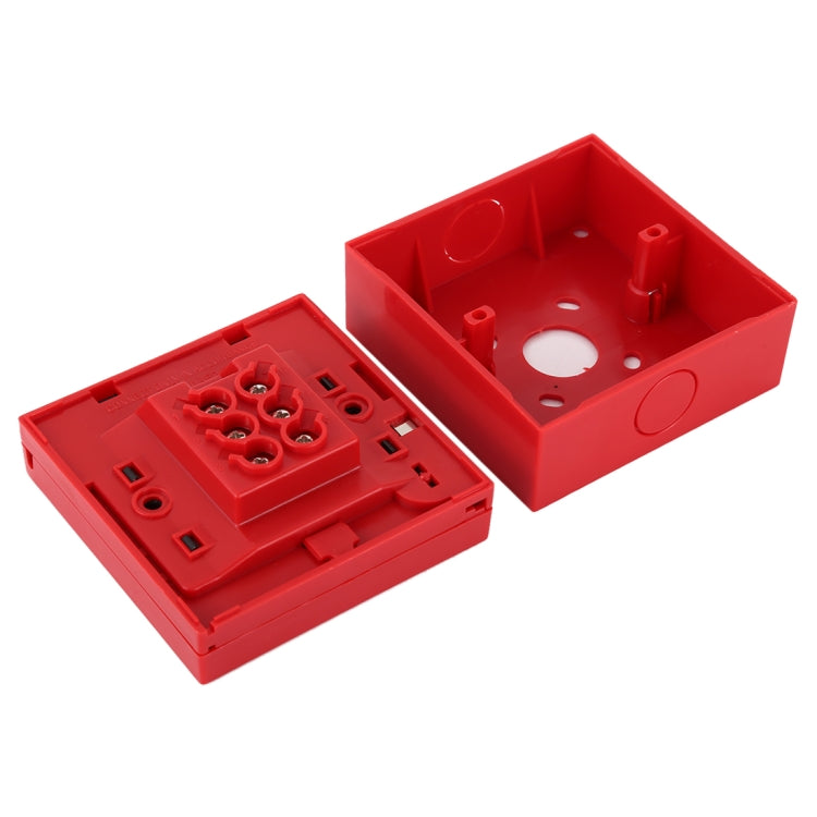 Red fire alarm break-glass station open housing with base cover and mounting cutouts