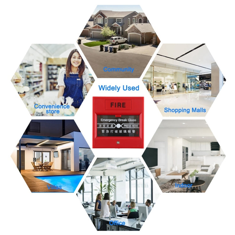 Red fire alarm break-glass station featured in a multi-use area infographic