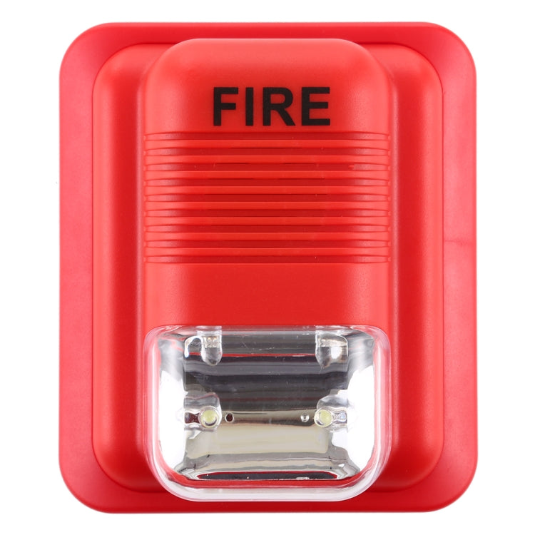 Red fire alarm strobe horn with FIRE label and clear strobe lens