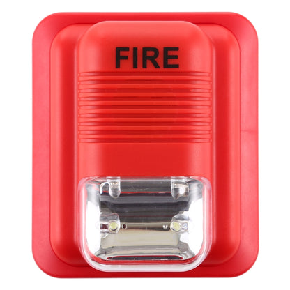 Red fire alarm strobe horn with FIRE label and clear strobe lens