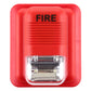 Red fire alarm strobe horn, centered FIRE text, visible clear strobe window