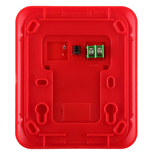 Red fire alarm strobe horn back panel with terminal block and green screw