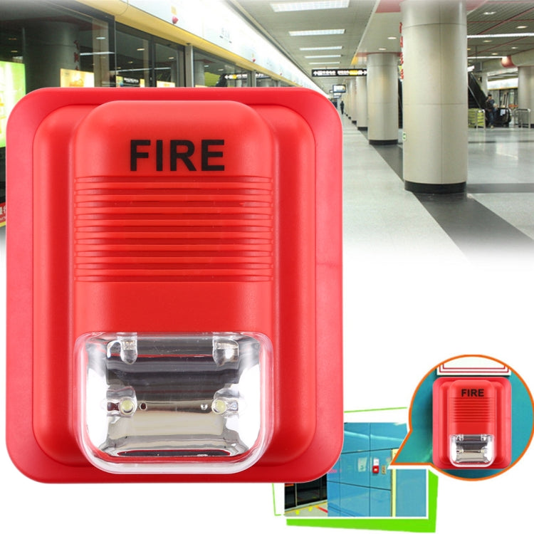 Red fire alarm strobe horn with FIRE text and clear strobe window