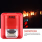 Red fire alarm strobe horn with FIRE label and clear strobe lens