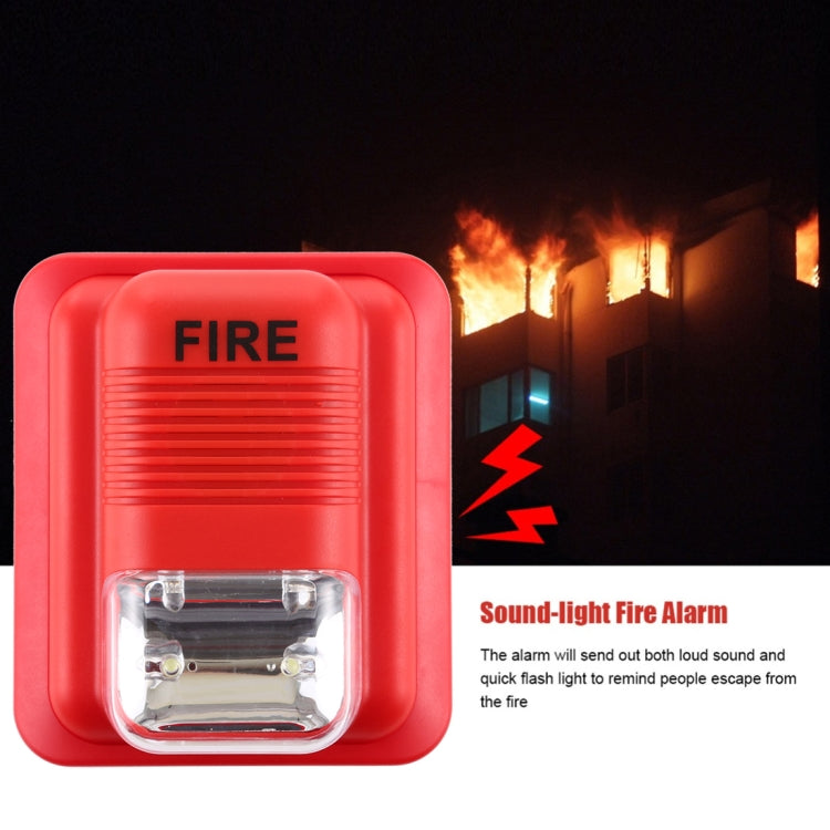 Red fire alarm strobe horn with FIRE label and clear strobe lens