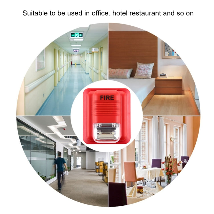 Red fire alarm strobe horn centered with FIRE text and clear strobe lens