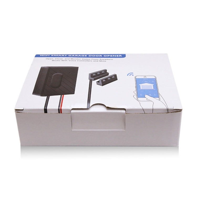 Wireless garage door WiFi opener package contents with controller and key fobs