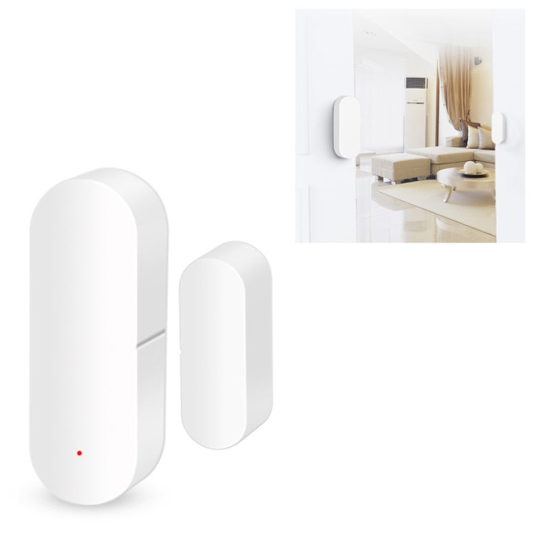 White wireless door/window contact sensor with two-piece magnet and red status LED