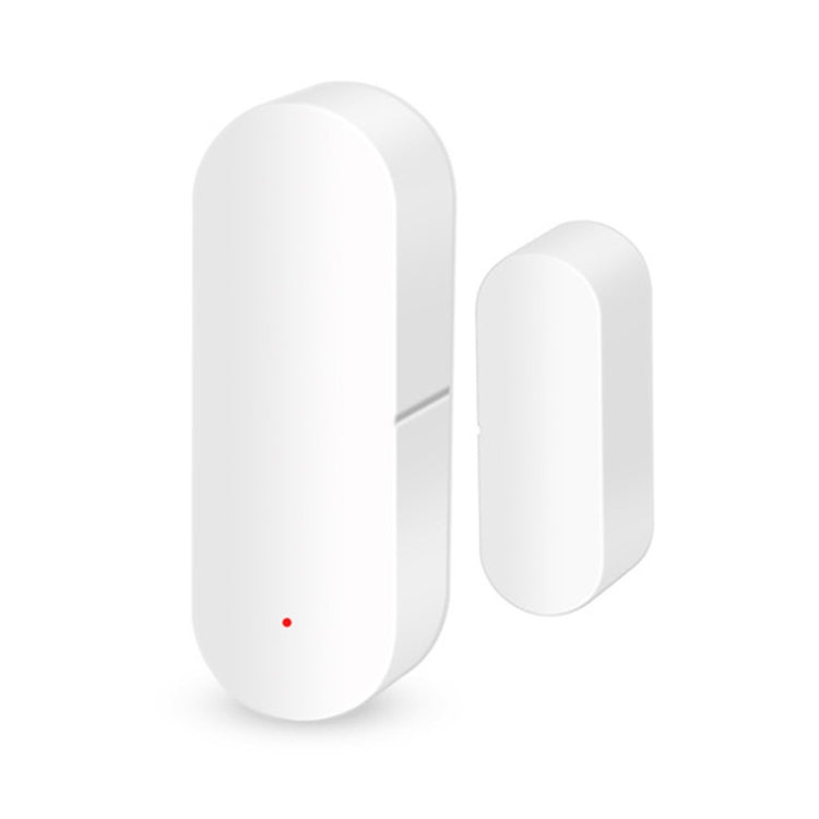 White two-piece door/window contact sensor with rounded housings and red status dot