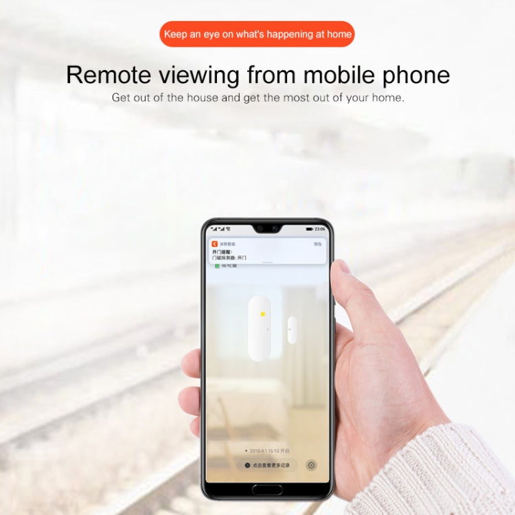 White door/window contact sensor with smartphone app remote viewing on screen