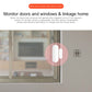 White door/window contact sensor mounted on window with red status indicator