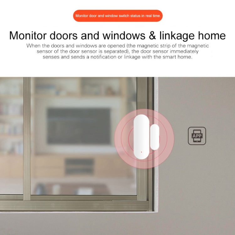 White door/window contact sensor mounted on window with red status indicator