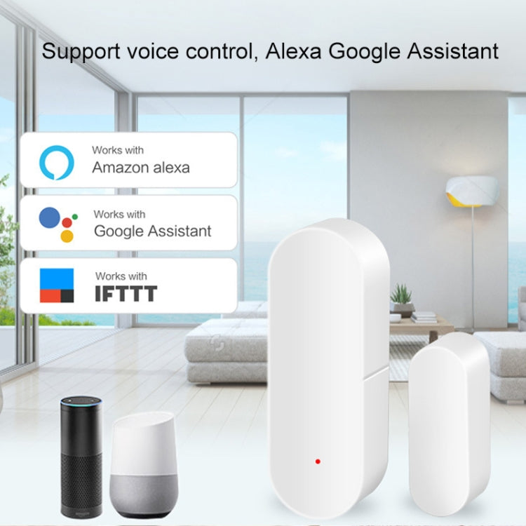 White door/window contact sensor pair with nearby smart speaker for voice control