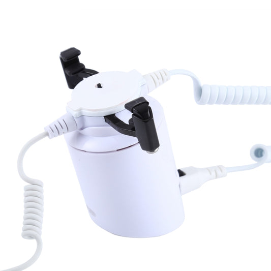 White cylindrical anti-theft phone display stand with black clamps and coiled 8-pin cables
