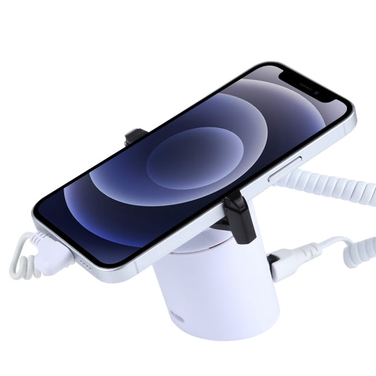 White ABS cylindrical phone security display stand with 8-pin cradle and remote