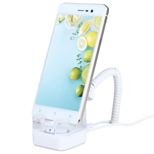 Anti-theft phone display stand with white base and holder for tethered smartphone