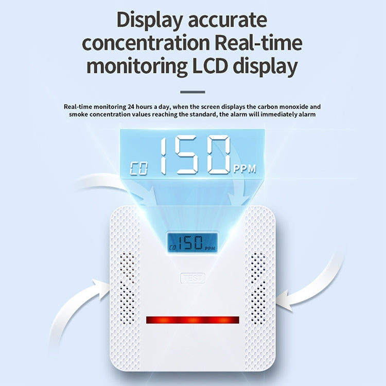 2-in-1 carbon monoxide and smoke alarm detector showing ppm values on LCD screen