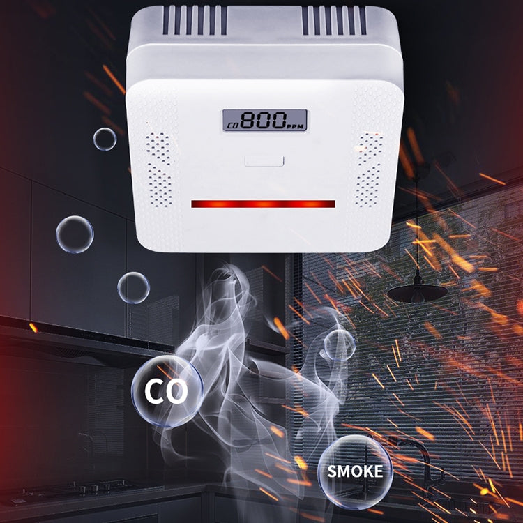 2-in-1 carbon monoxide and smoke alarm detector with LCD readout and red alarm bar