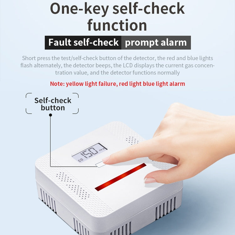 2-in-1 carbon monoxide and smoke alarm detector with self-check button and hand pressing