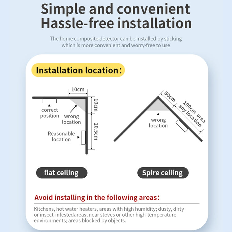 Installation guide diagram for 2-in-1 carbon monoxide and smoke alarm detector mounting